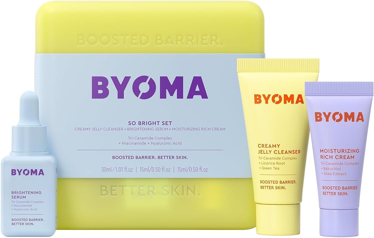 BYOMA So Bright Set – Barrier Repair Skincare Set for Brighter Skin – Creamy Jelly Cleanser, Brightening Face Serum & Ceramide Face Moisturizer – Alcohol Free Skin Care – 30ml, 15ml, 15ml