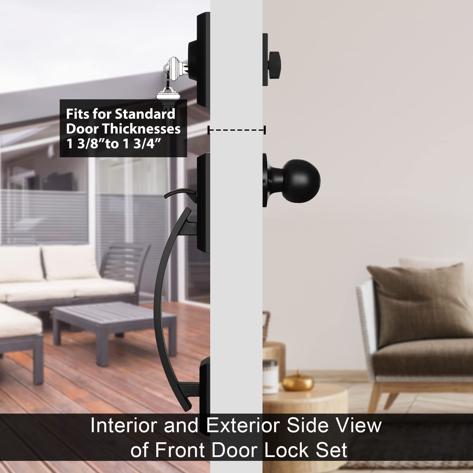 Haidms Black Front Door Handle and Deadbolt Set, Front Door Lock Set, Entry Door Locksets with Deadbolt Single Cylinder, Exterior Door Handle with Reversible Knob Sets