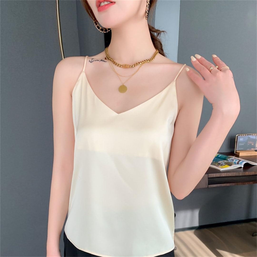 Camisola con cuello en V para mujer, ropa interior de primavera y verano con fondo, parte superior de satén de seda