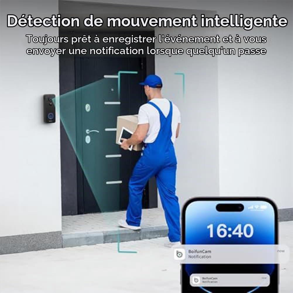 Sonnette vidéo sans fil, sans abonnement, sonnette vidéo 1080p avec carillon, audio bidirectionnel, pour vision nocturne, Wi-Fi 2,4 G, intérieur et extérieur