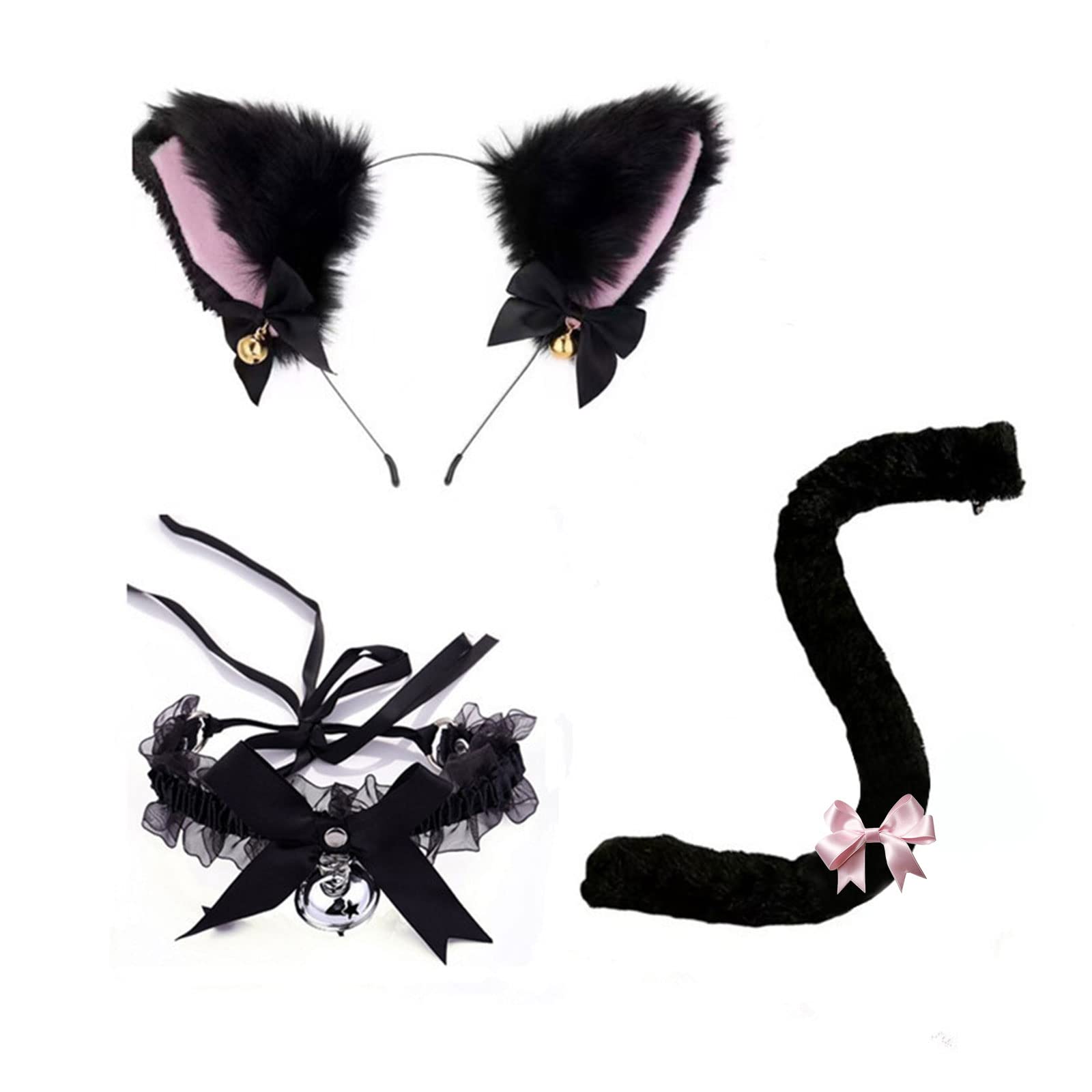 TSHAOUN Disfraz de animal para cosplay, disfraz de gato, diadema con orejas de gato con collar de campanas y cola de gato, para fiesta de disfraces de anime, Halloween, Navidad, carnaval, juego de rol