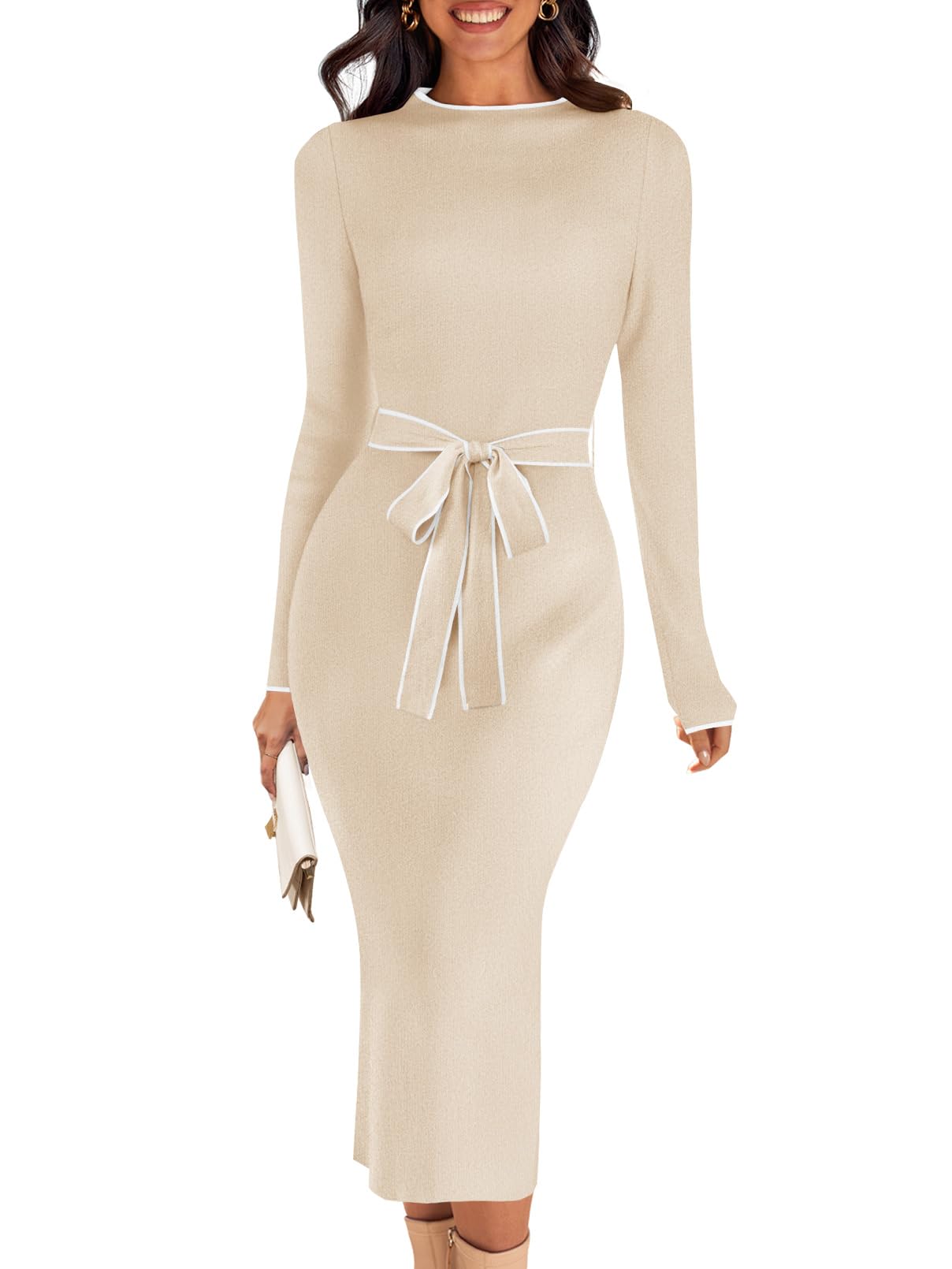 MEROKEETY Women's 2026 Long Sleeve Midi Sweater Dress Fall Winter Spring Mock Neck Contrast Tie Waist Bodycon Knit Dresses