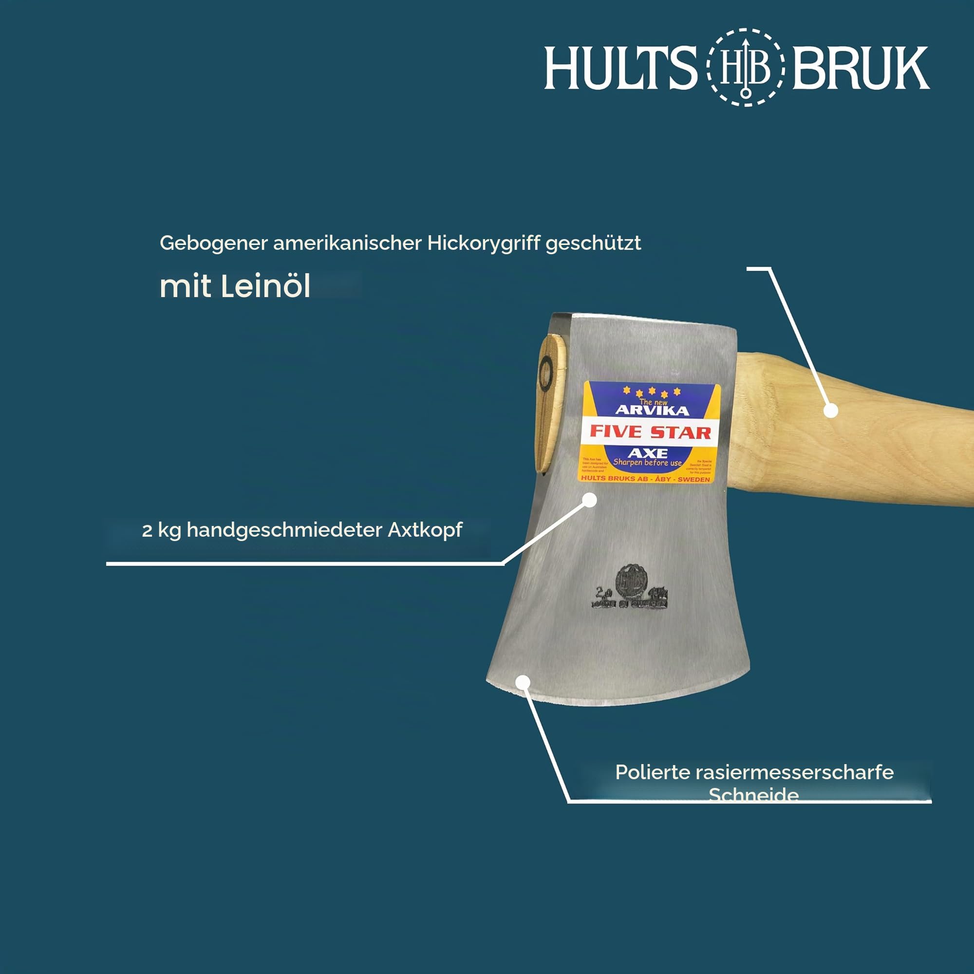 Hultafors Arvika 5 Star Axt, 800 mm | Handgeschmiedeter schwedischer Stahl | Gebogener Hickory-Stiel, 2000 g | Wettkampf-Axt für intensives Fällen I 840511