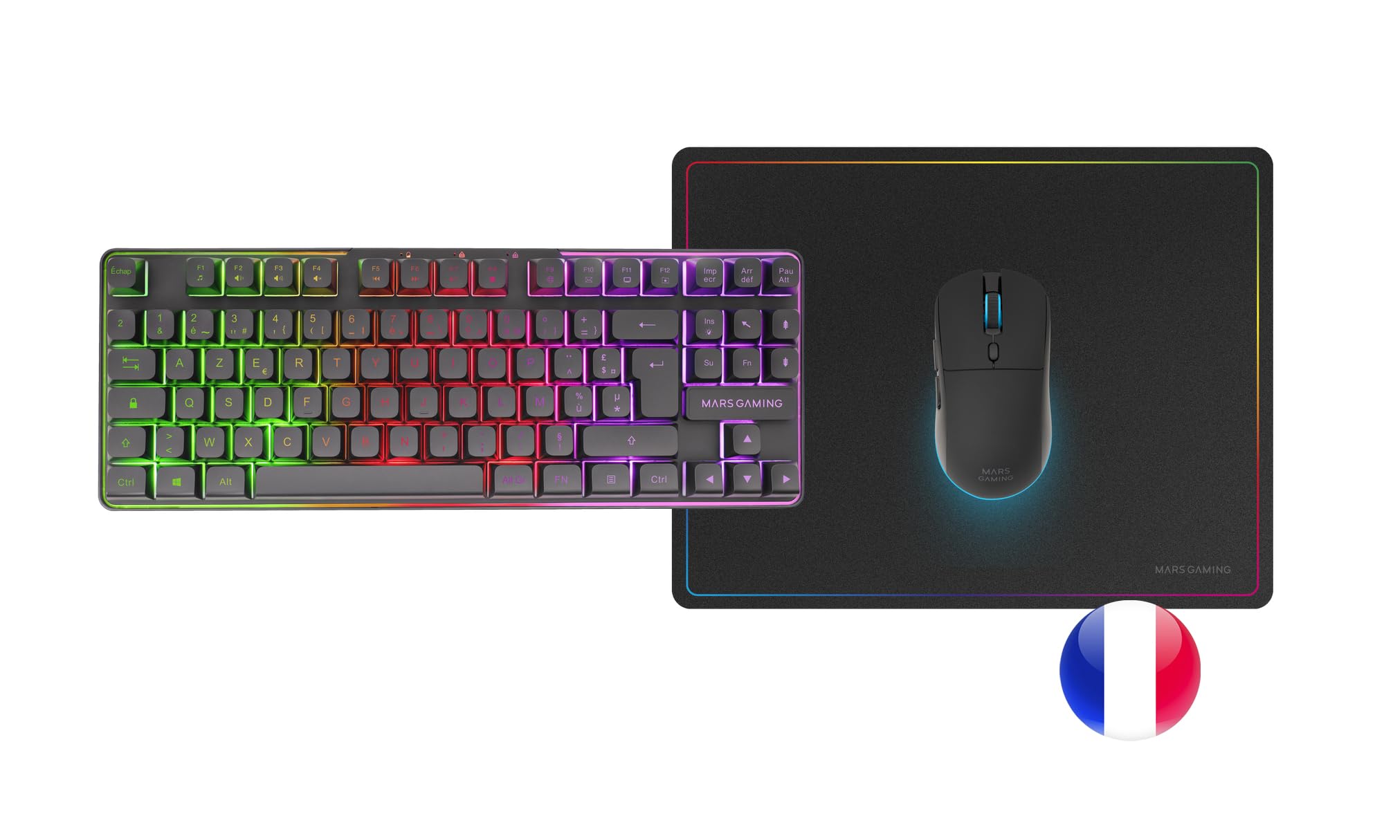 Mars Gaming MCPWTKL, Francés, Combo Gaming Inalámbrico, Tecnología DualPro Link 2.4GPRO, Teclado TKL FRGB Rainbow + Ratón RGB 3200DPI y Switches HUANO + Alfombrilla Antideslizante 360x260mm, Negro