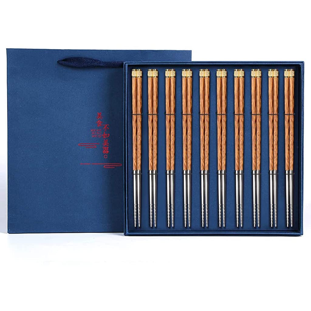 FAMMIX Juego de 10 pares de palillos de madera reutilizables de acero inoxidable 304 con estuche, palillos de alta calidad, aptos para lavavajillas, palitos chinos japoneses para sushi, fideos A