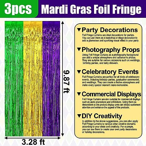 Image of 3 Pack Gold Green Purple Foil Fringe Curtain Backdrop, 3.28Ft x 9.8Ft Metallic Tinsel Foil Fringe Streamer Curtains for Photo Booth, Christmas Day, Thanksgiving, Wedding, New Year Party Decorations