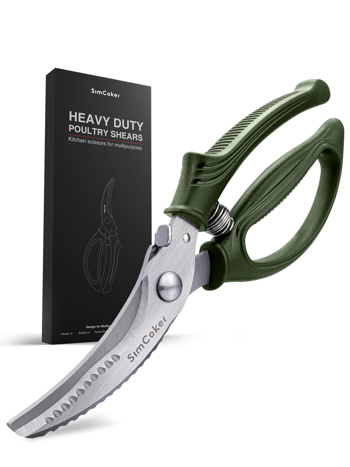 Poultry Shears, Olive Green Kitchen Scissors Heavy Duty with Anti-Slip Handle, Safety Lock and Spring Loaded Design for Chicken, Meat and Bone