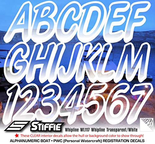 Image of Stiffie WHIPLINE 3 inch Alpha-Numeric Registration Identification Numbers Stickers Decals for Boats & Personal Watercraft (Transparent /White)