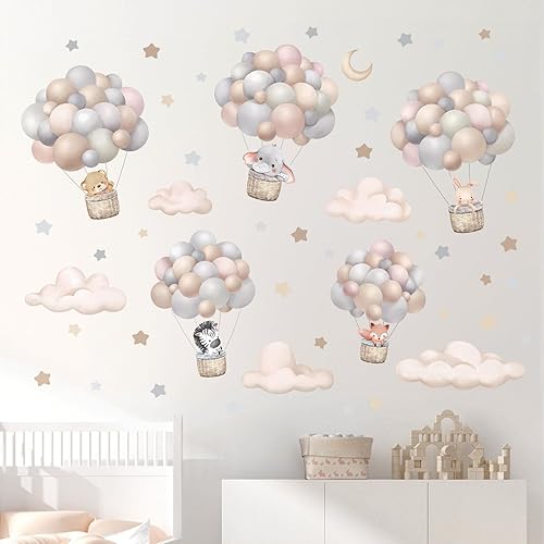 Miniatura 3 de wondever Pegatinas de pared de animales voladores con globos, nubes, estrellas, luna, despegar y pegar, calcomanías artísticas para pared para