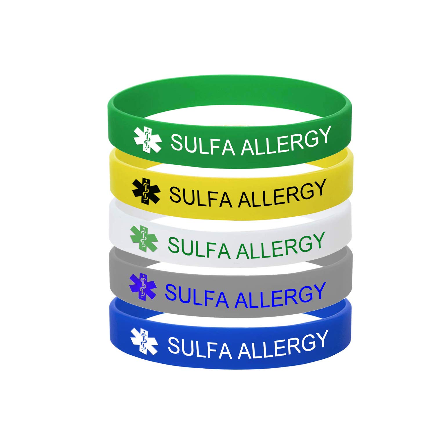5 Color Pack-Personalized Engraved Medical Alert ID Jewelry Food Drug Allergy Bracelets,100% Silicone Rubber ID Survivor Bracelet Band,Emergency Contact Bracelet,Diabetes Bracelet,5.5"-7.9"