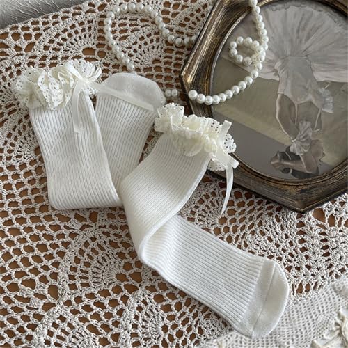 1 Pair Stackable Baby Socks Lace Trimmed Bowknot Socks Solid Girls Middle Tube Socks for 1-13 Year Kids4