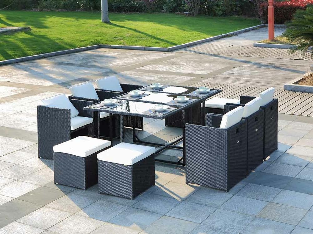 Générique Salon de Jardin Exterieur en Résine Tressée Poly Rotin Salon de Jardin Table 10 Personnes Fauteuil Exterieur Encastrable Noir et Beige