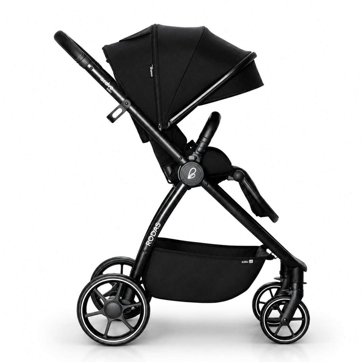 Asalvo DÚO RODAS Silla de Paseo, Carro Plegable Ultraligera y Compacta, Asa Trolley, Equipaje avión, Reclinable, Carro Bebe, Barra Seguridad, Arnés 5 Puntos, hasta 23kg, Negro