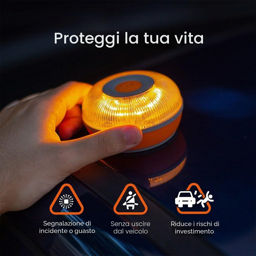 FLASH LED SOS - Luce di Emergenza V16 collegata, Omologata DGT 3.0 obbligatoria, SIM e Servizio Dati Inclusi Fino al 2038, Base Magnetica, Resistenza all'Acqua e alla Polvere IP54 + Set Mini Primo
