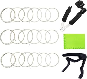 Classical Guitar Strings Clear Nylon 3 Full Sets with Guitar Capo and 3 in 1 Guitar Restringing Tool and Cleaning Cloth for Musical Instruments as a Gift