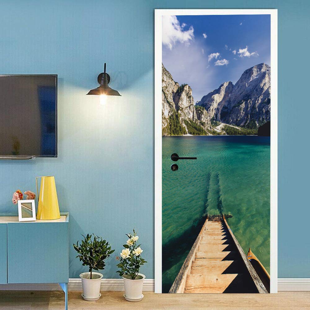 Autocollants escaliers et porte sticker trompe l'oeil lac de montagne