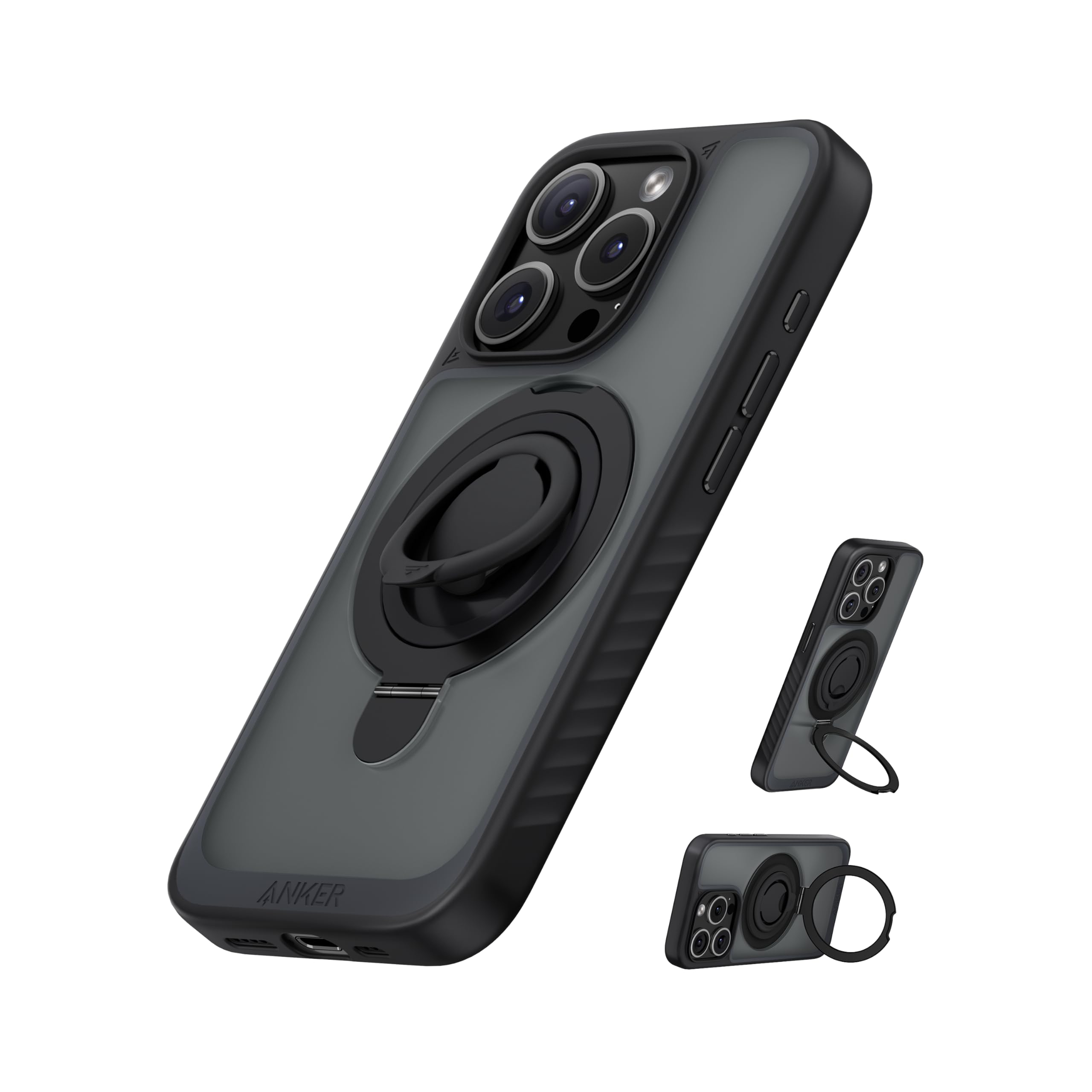 Anker Magnetic Ring Stand for iPhone 15 Pro Case, Silicone Finger Ring Grip Stand Holder, Military Grade Drop Tested, Compatible with MagSafe, Built in Kickstand, Soft Edge Anti-Fingerprint, Black