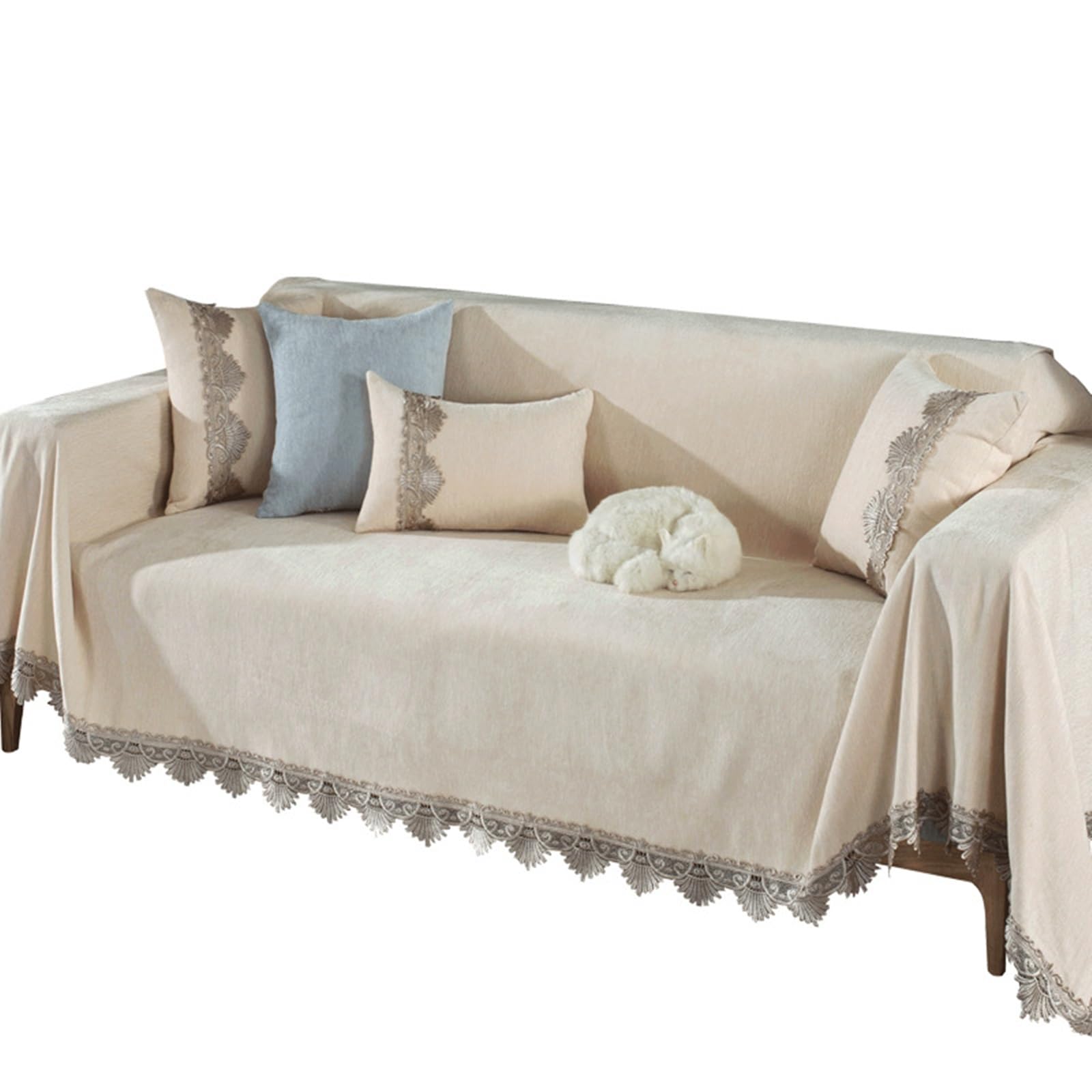 Couverture Canapé, 180x350CM, Convient à 4 Places, Bordure Dentelle, Beige, Housse de Canapé Plaid Chenille, Anti Griffe de Chat