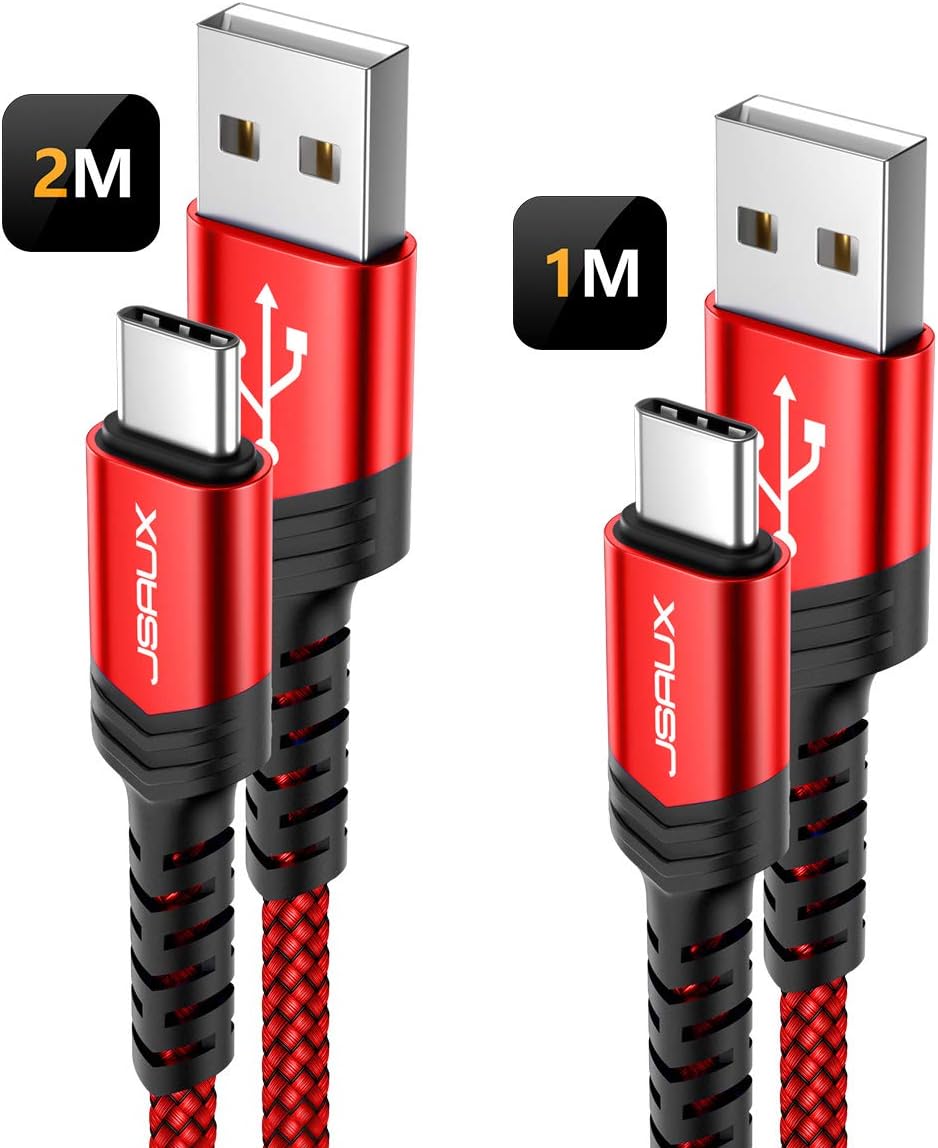 JSAUX USB C Cable [2-Pack/1M+2M], Type C Fast Charger Charging Cable Nylon Braided Compatible for Samsung Galaxy S22 S21 S20 S10 S9 S8 Plus A3 A5 Note 10 9 8, Google Pixel, Sony Xperia XZ, P9 P10-Red