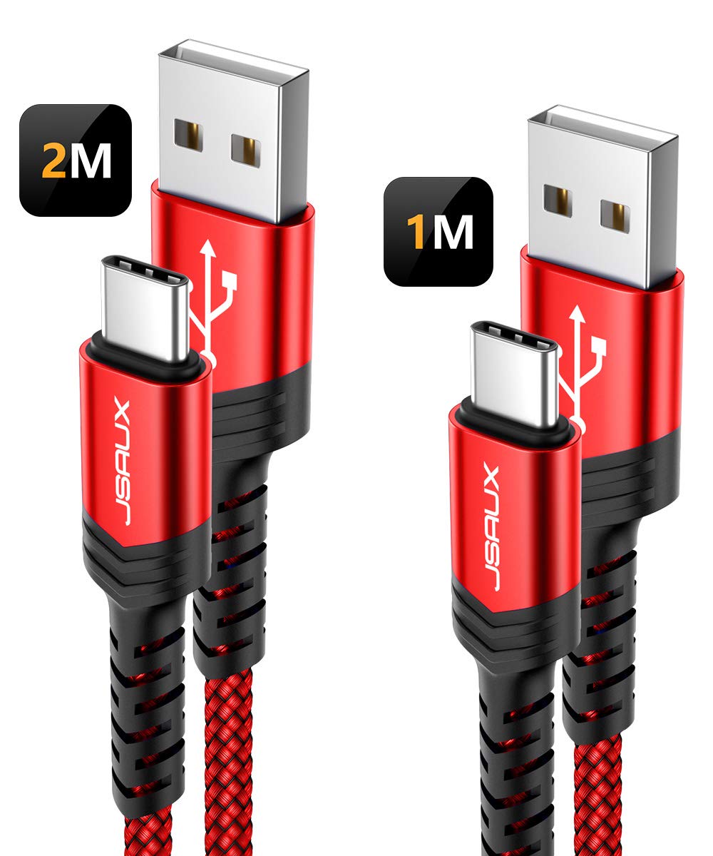 JSAUX USB C Cable [2-Pack/1M+2M], Type C Fast Charger Charging Cable Nylon Braided Compatible for Samsung Galaxy S22 S21 S20 S10 S9 S8 Plus A3 A5 Note 10 9 8, Google Pixel, Sony Xperia XZ, P9 P10-Red