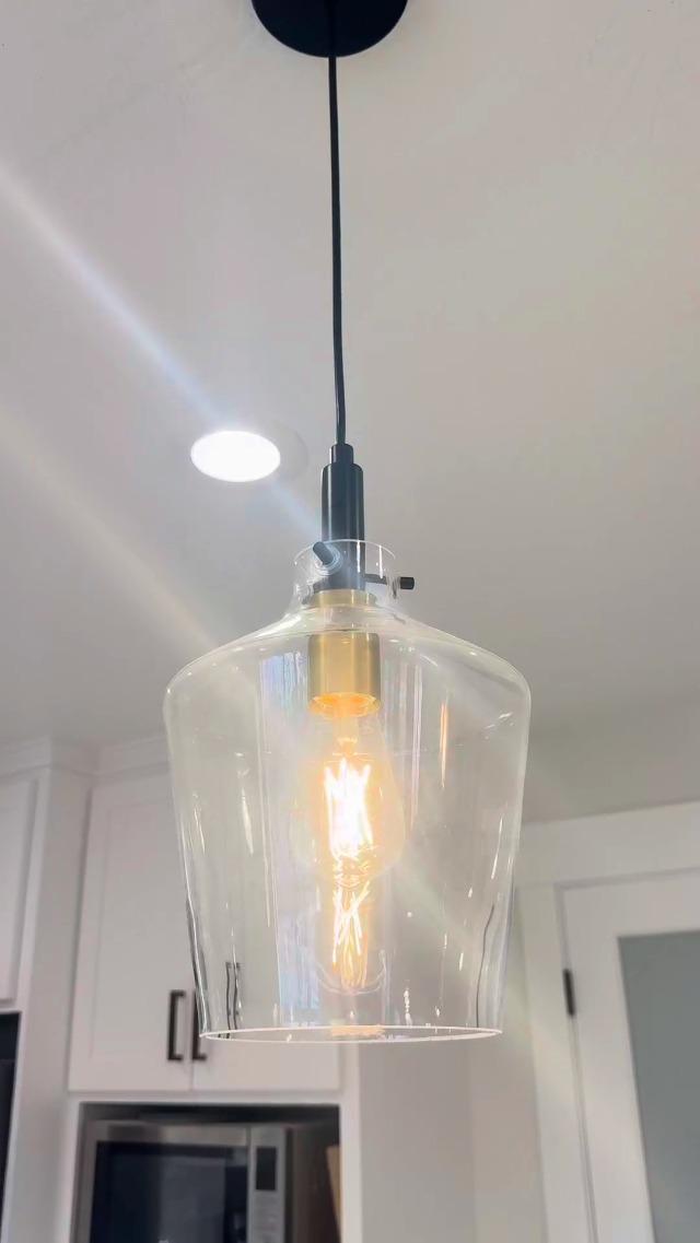 Image of Glass Pendant Lighting for Kitchen Island 1 Pack Black Gold Clear 8 Inch | Adjustable cord Dimmable, E26 bulbs, Rust-resistant Damp Rated For Bathrooms, 5-Year Manufacturer Warranty, UL Certification