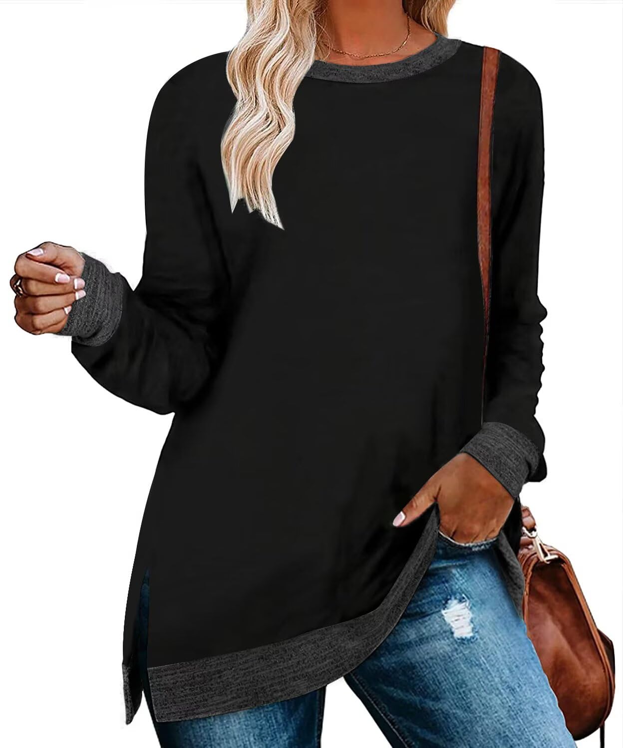 WELINCO Womens Long Sleeve Crewneck Striped Pullovers Color Block Side Split Tunic Tops