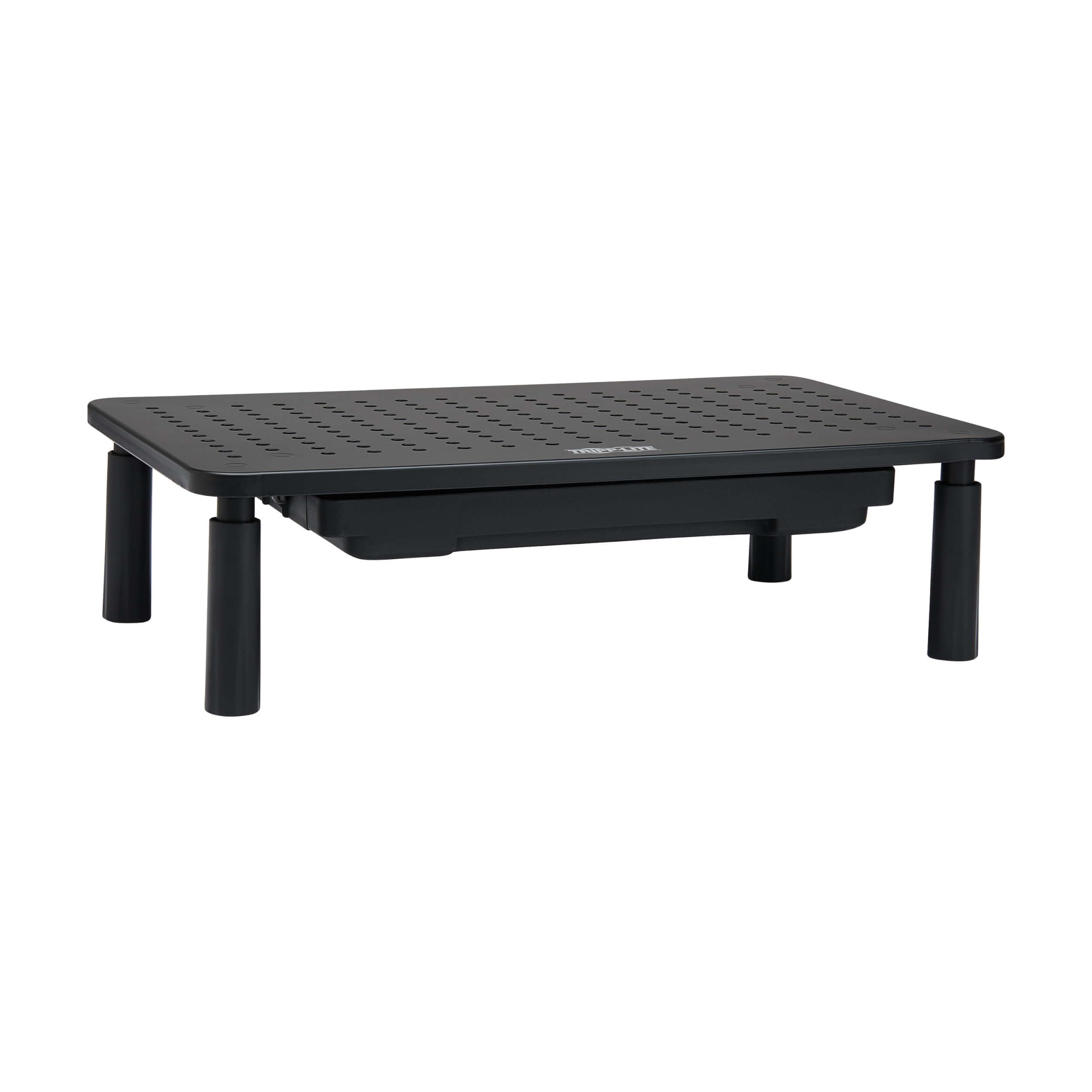 Tripp Lite Supporto per monitor singolo per scrivania con cassetto portaoggetti, regolabile in altezza, struttura in metallo con prese d'aria e piedini in gomma, nero, piattaforma 38,1 x 22,9 cm,