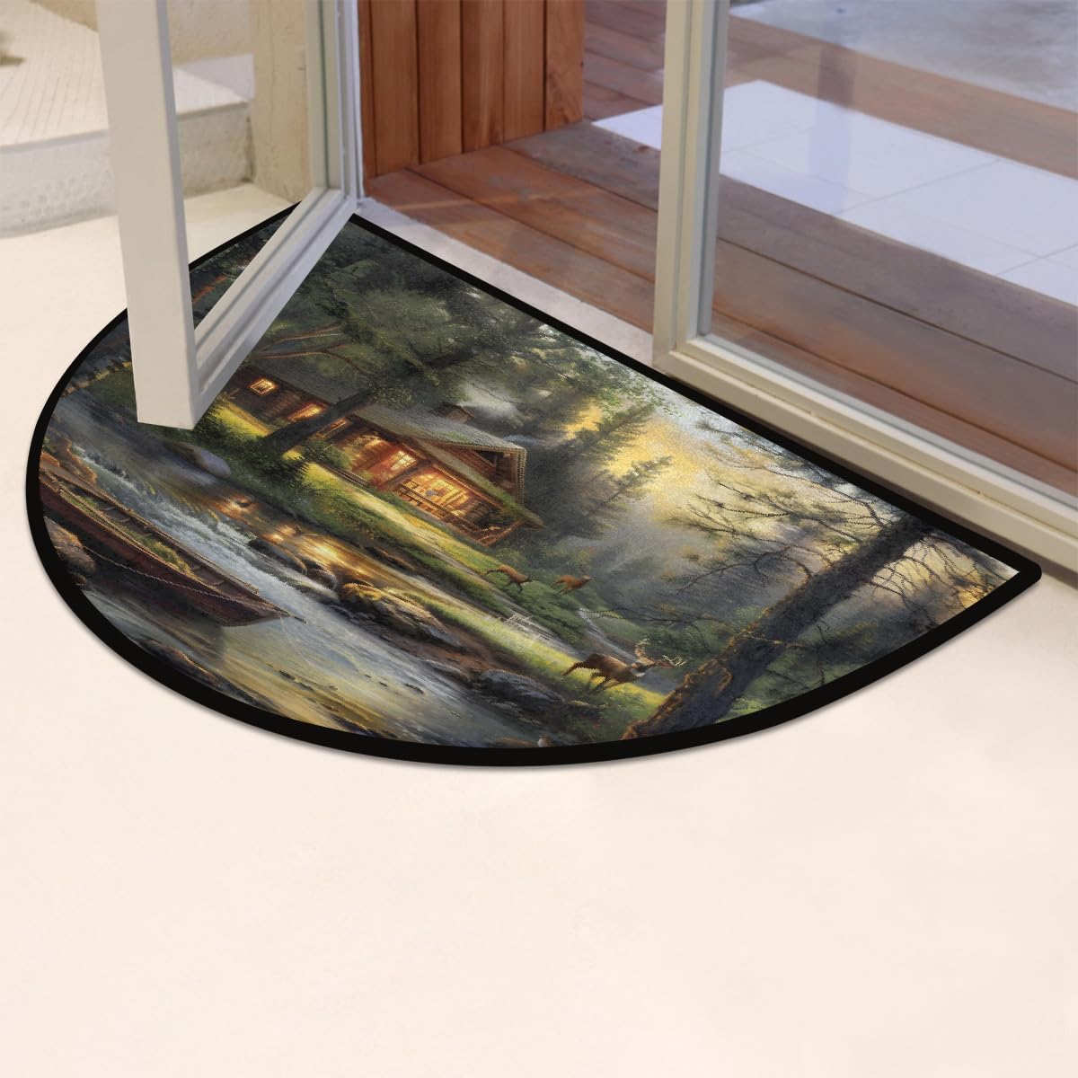 Half Round Doormat Forest Deer Animal Washable Semi Circle Rug Non Slip Absorbent Half Moon Rug Kitchen Mat for Indoor Outdoor Bathroom Patio Front Welcome Fireplace Hearth Floor Mat