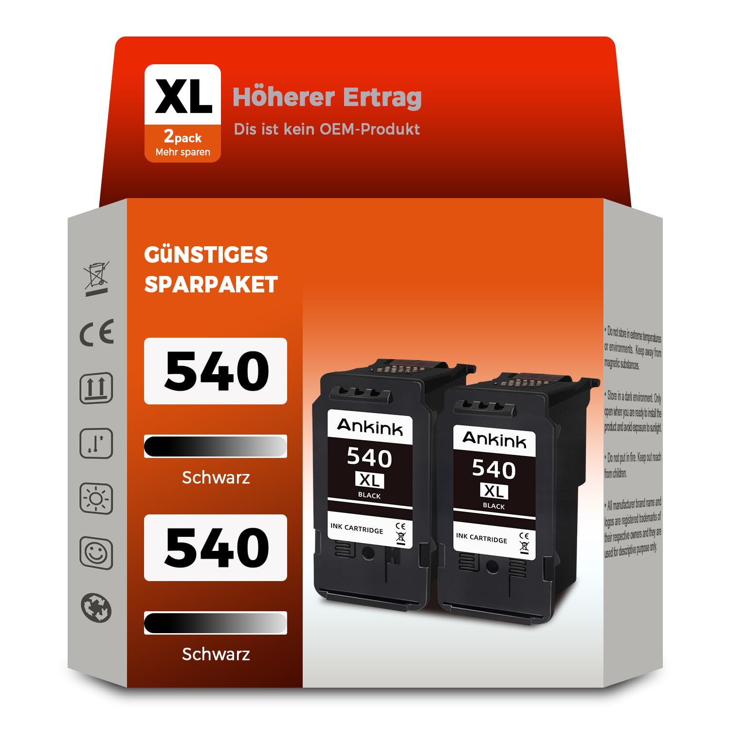 ANKINK Kompatibel Tintenpatrone Druckerpatronen als Ersatz für Canon PG 540XL PG540 Patrone 540 XL für TS5150 TS5151 TS5100 MG3600 MG3650 MG3650S MX525 MX520 MG3650 MG4200 MX475 Drucker Schwarz 2 Pack