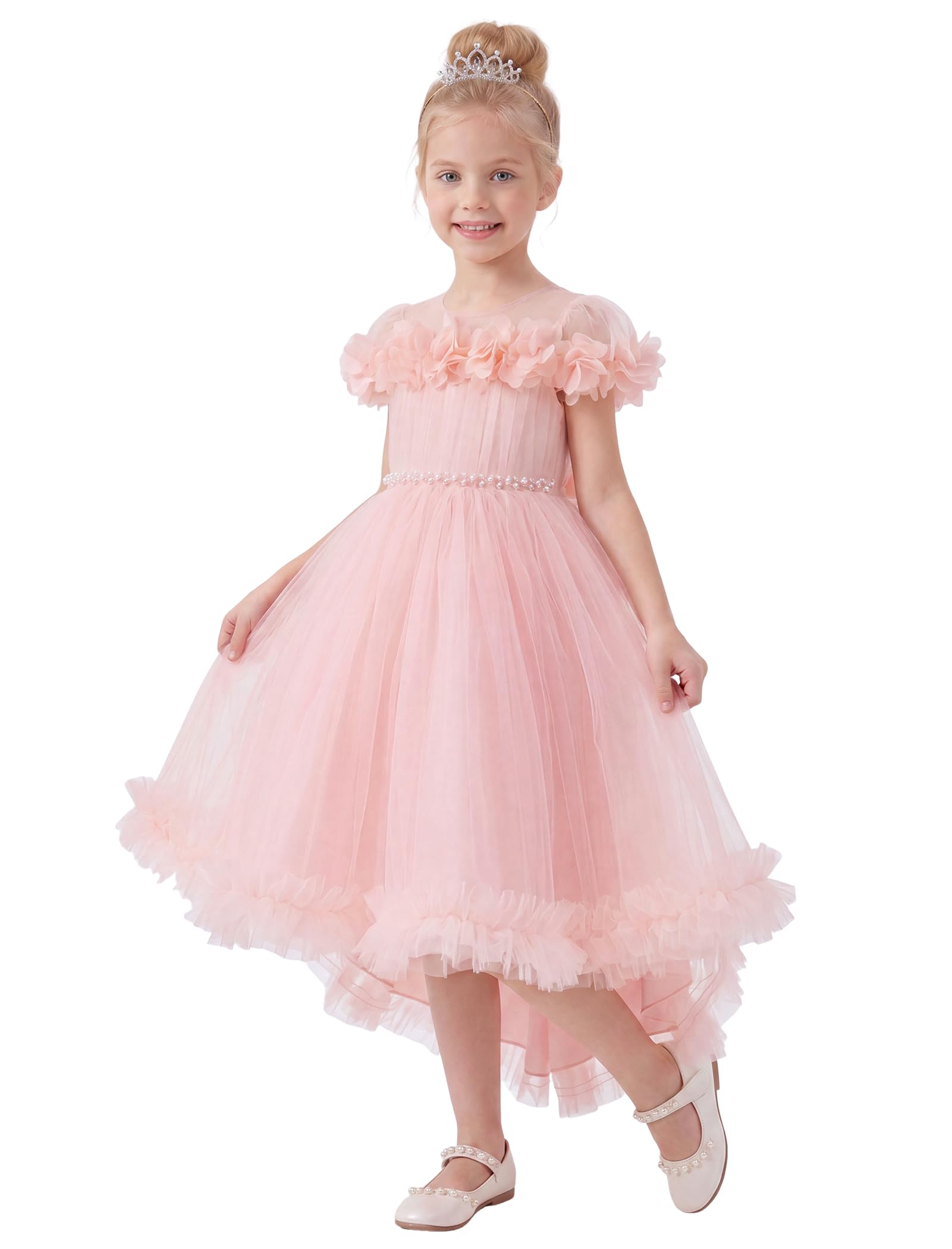 Odizli Mädchen Blumen Off Shoulder A-Linie Vokuhila Prinzessin Kleid Festlich Hochzeit Blumenmädchenkleider