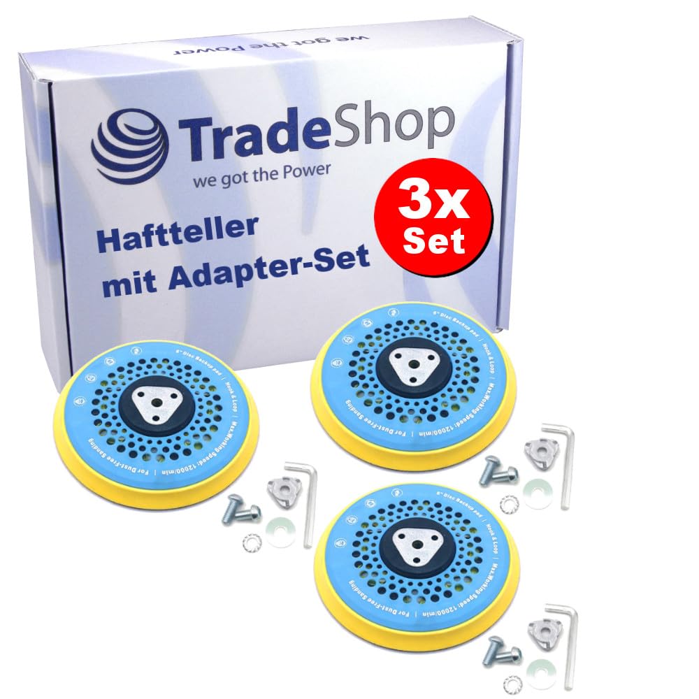 Trade-Shop - Juego de 3 discos de cierre autoadherente para lijadora excéntrica (150 mm, rosca M8 de 5/16", incluye adaptador)