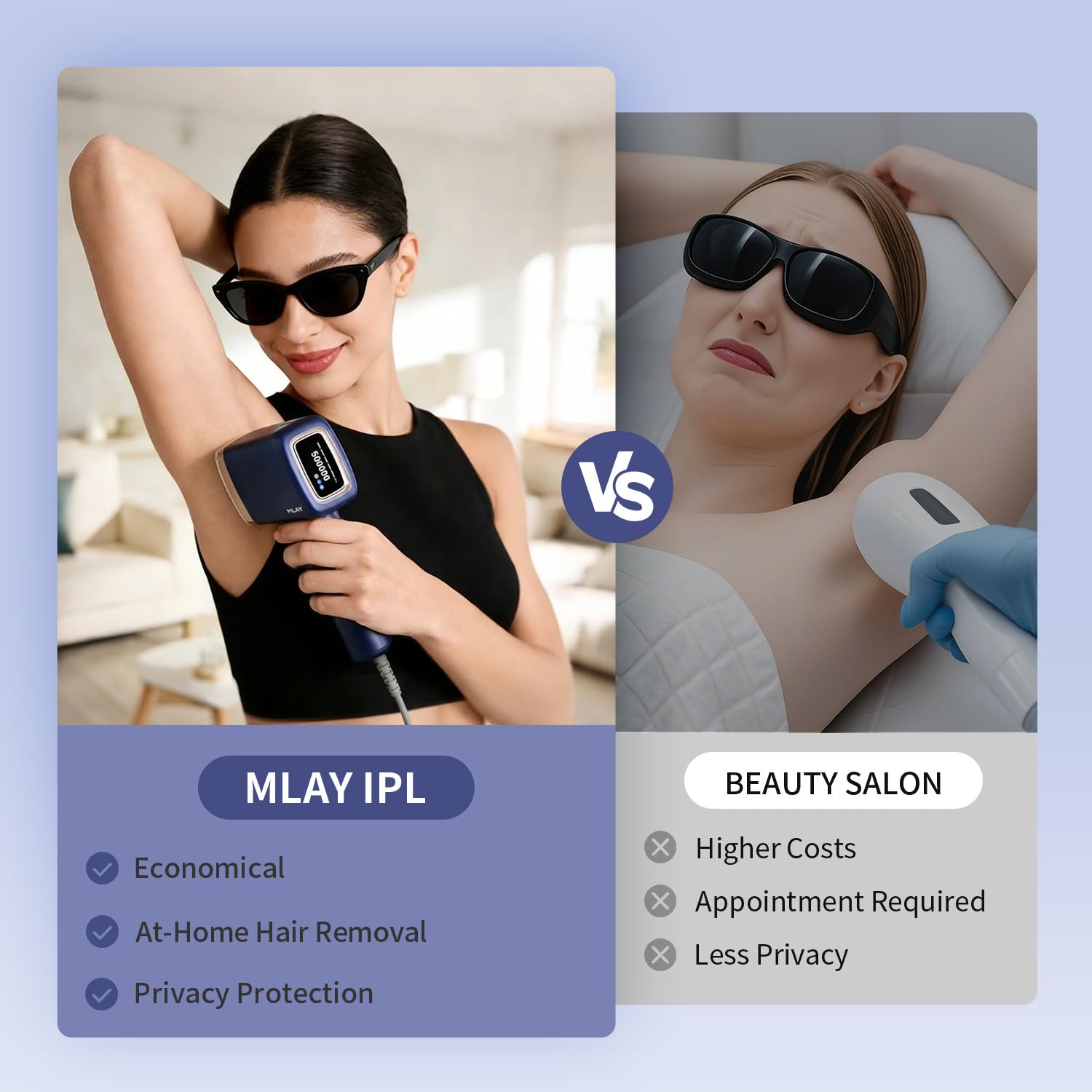MLAY Épilateur à Lumière Pulsée avec Refroidissement, 0,5 sec/flash, Épilateur IPL avec 3 Têtes pour le Bikini, les Jambes, Aisselles, 5 Niveaux d'Énergie(Max 20J) et 2 Modes de Flash Épilateur Laser