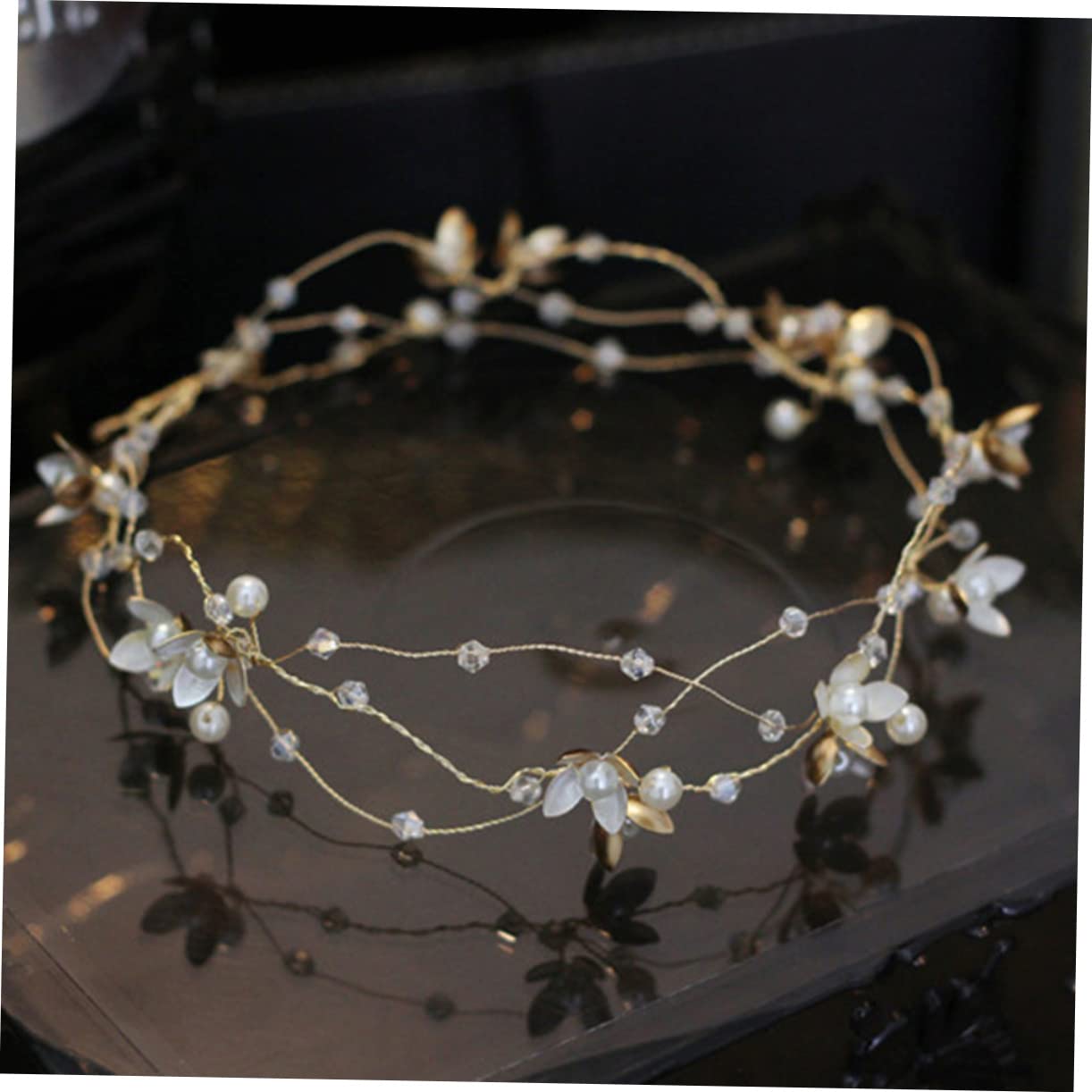 FRCOLOR 3piezas Diadema De Flores Doradas Para Novia Accesorio De Cabello Perlas y Cristales Tocado Elegante Para Bodas Especiales