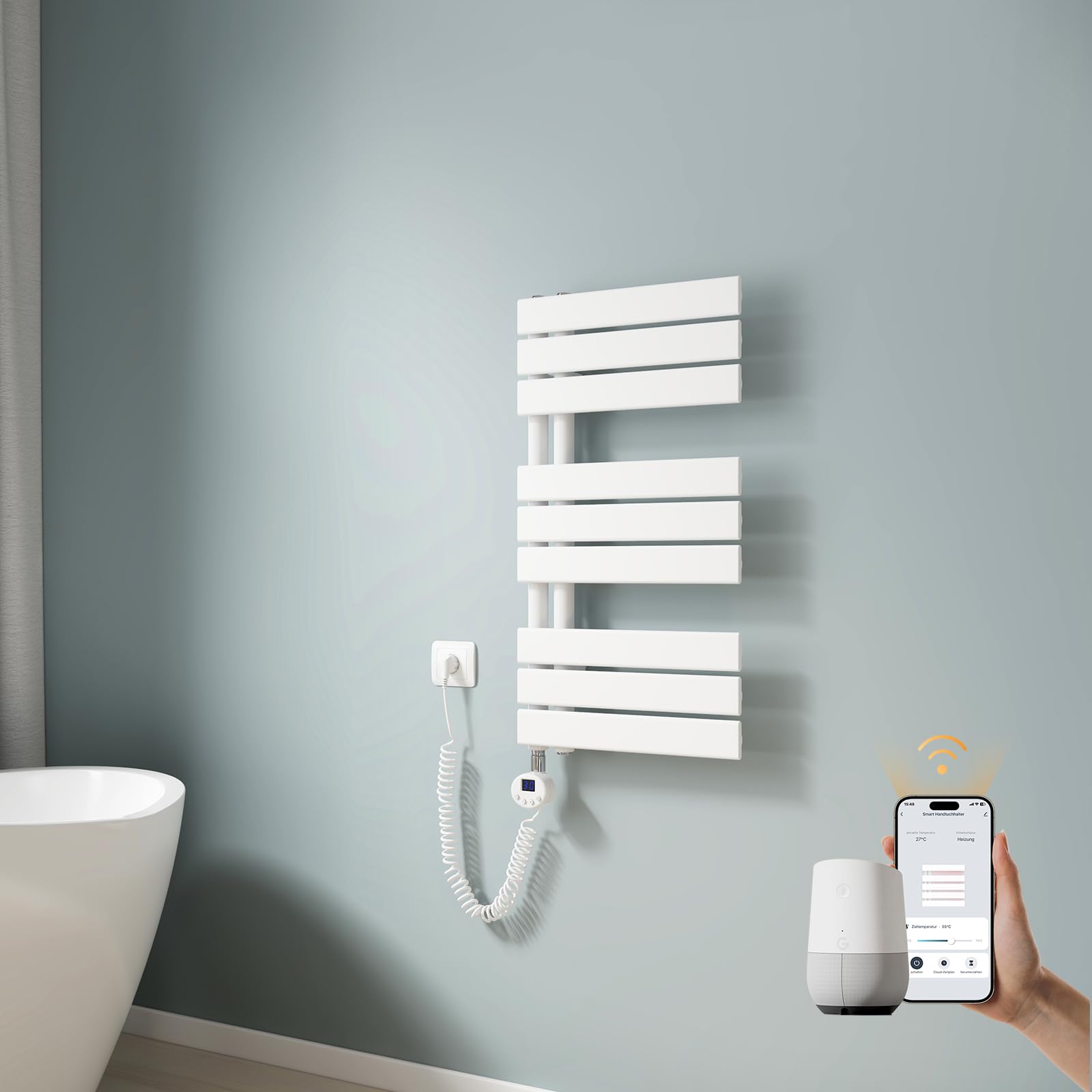 EMKE WLAN Handtuchheizkörper Elektrisch 762x400 mm, Flach Badheizkörper Handtuchhalter Elektrisch, Elektrischer Handtuchwärmer Handtuchtrockner Handtuchheizung mit Thermostat und Heizstab, 400W Weiß