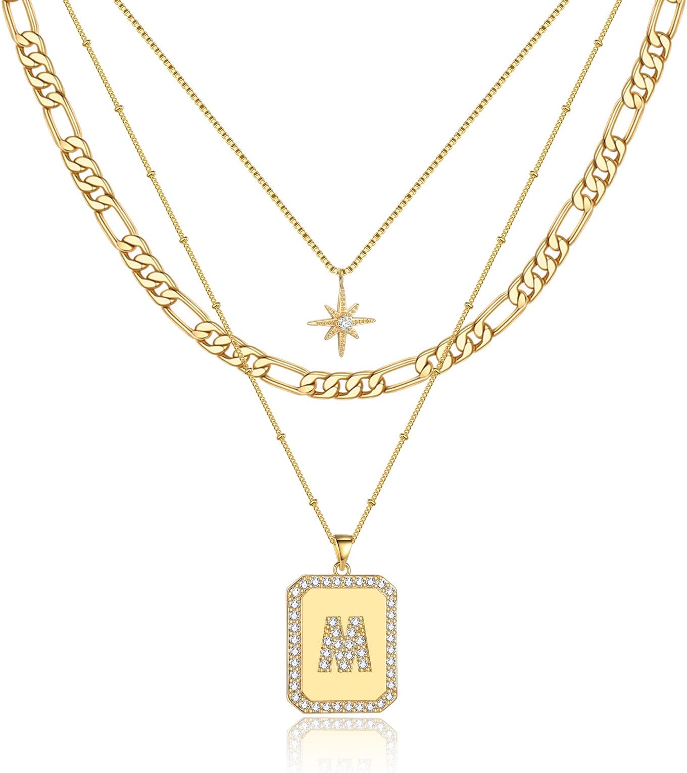 Layered Initial Necklaces for Women Trendy, 14K Gold Plated Simple Star Choker Square Letter Pendant Necklace, Figaro Chain Gold Necklaces Jewelry Gifts