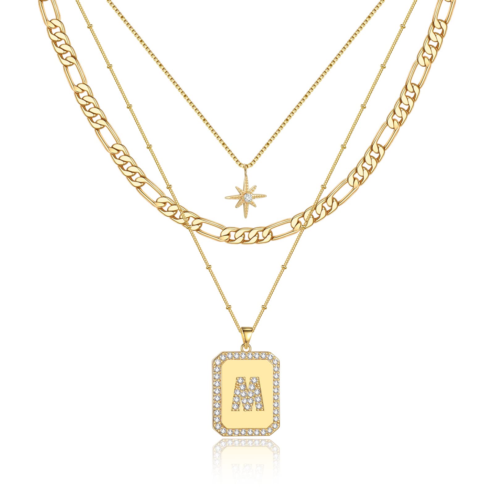 MJartoria Layered Initial Necklaces for Women Trendy, 14K Gold Plated Simple Star Choker Square Letter Pendant Necklace, Figaro Chain Gold Necklaces Jewelry Gifts