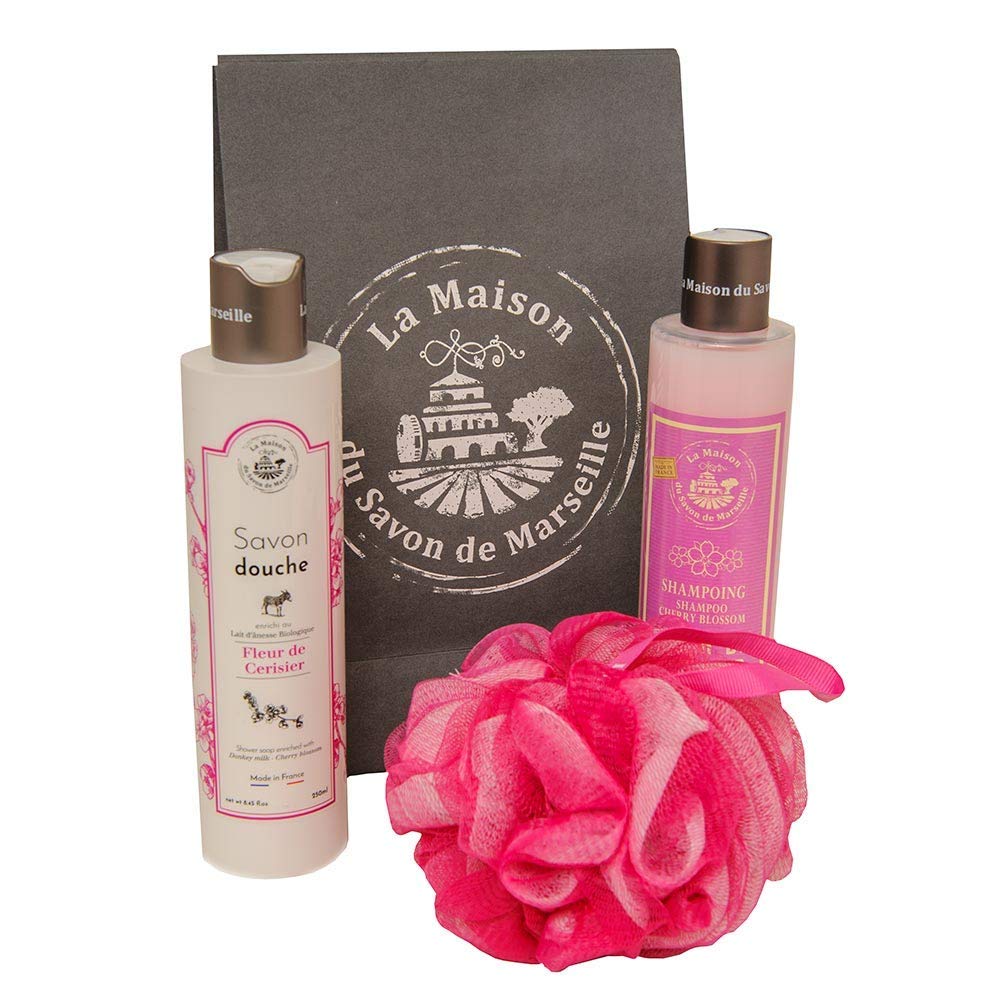 Savon de Marseille - French Body Gift Set for Women - Organic Cherry Blossom Shower Gel, Cherry Blossom Shampoo, Exfoliating Pink Shower Sponge - Suitable for All Skin Types