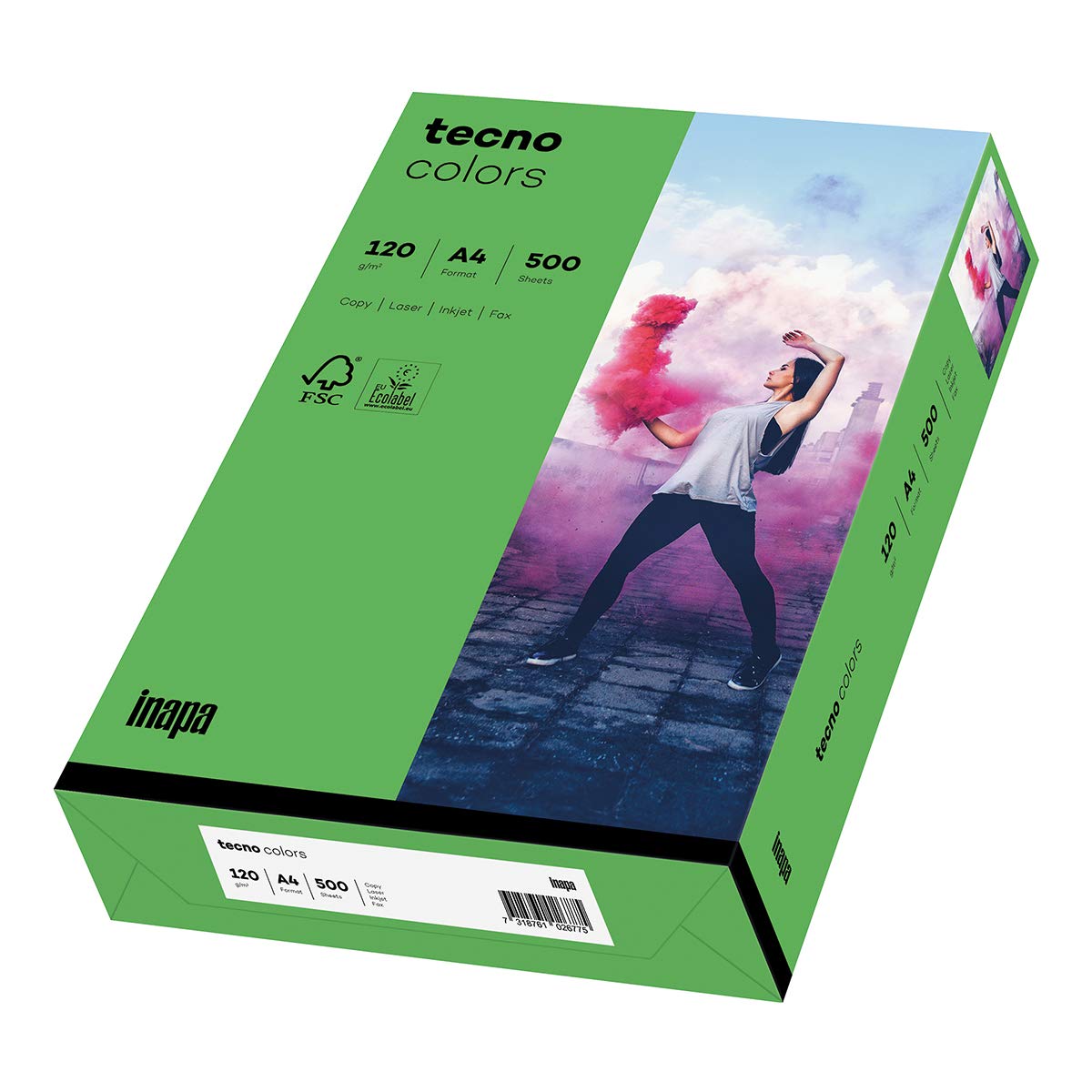 inapa farbiges Druckerpapier, buntes Papier tecno Colors: 120 g/m², A4, 1.250 Blatt (5x250), intensivgrün