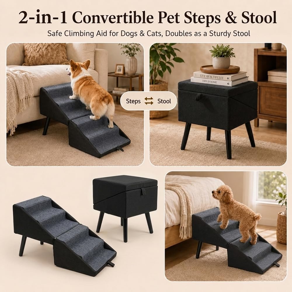 Klappbare Hundetreppe für kleine Hunde – 2-in-1-Treppe und Hocker – rutschfeste Holzstufen für das Sofa, ideal für Welpen, ältere und verletzte Hunde(Schwarz)