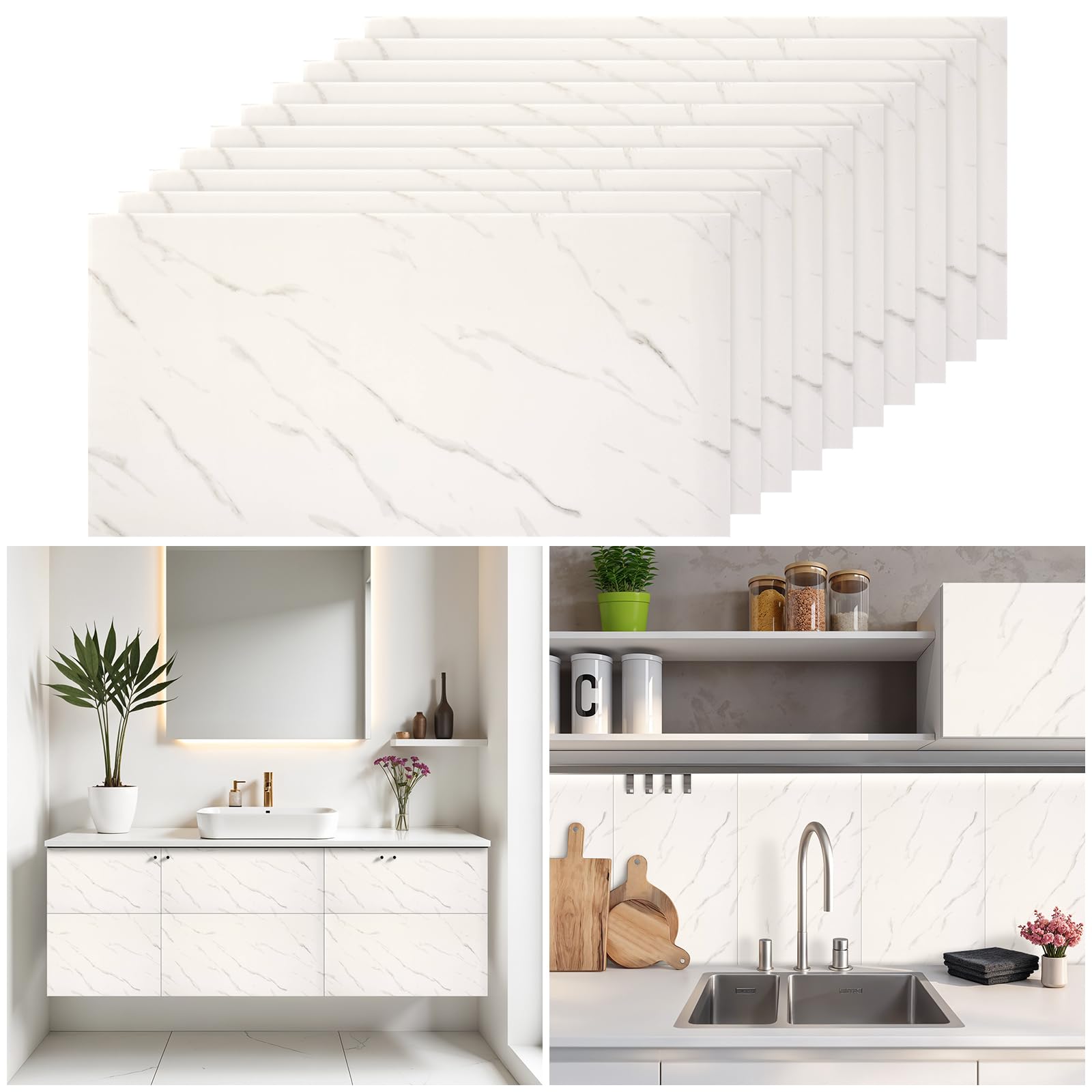 Warmiehomy Marble Tiles 60x30cm 30Pcs Thicken Self Adhesive Wall Tiles Waterproof,Peel and Stick on Vinyl Tiles for Living Room Bedroom Bathroom Kitchen Splashback,Beige Grey Line — image 1