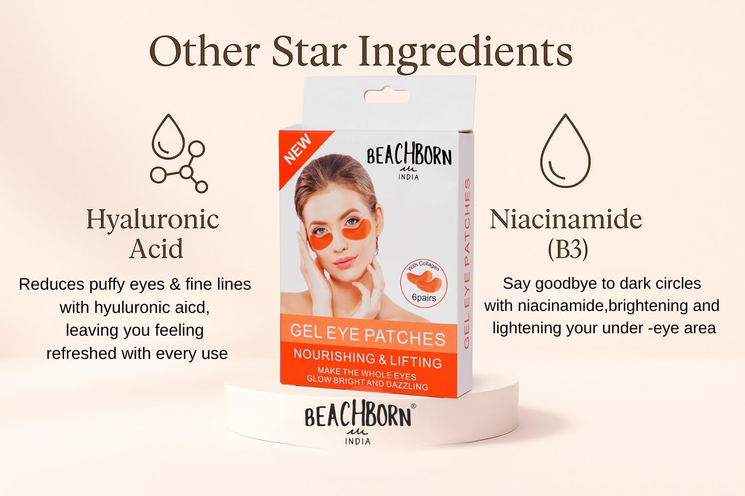 BEACHBORN INDIA Gel Eye Patches 6 Pairs Nourishing & Lifting Hydrating & Refresh for Puffy Eyes, Under Eye Bags & Dark Circles, Natural Collagen Eye Gels Pads, Crystal Anti-Aging Eye Mask(ORANGE) 3