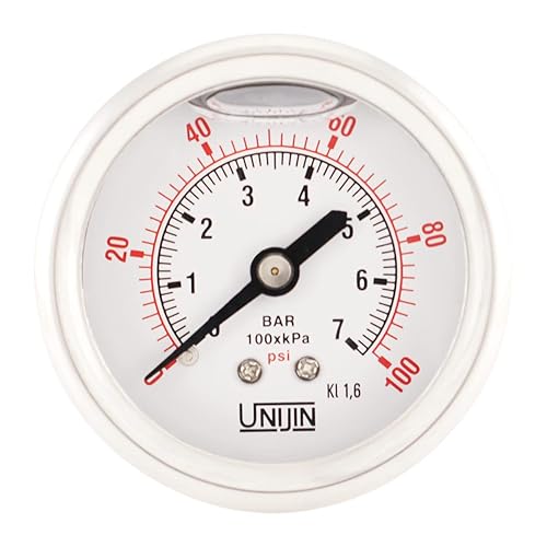 Unijin Serie P251 Dial de 2 pulgadas, manómetro lleno de aceite con internos de latón, 0-100 PSIkPa, 1.6% de precisión, 18" NPT, montaje trasero