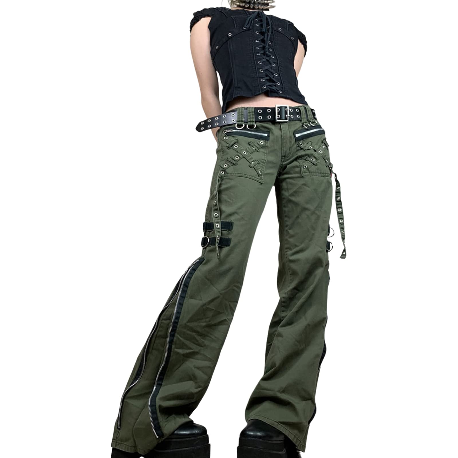 Beeuthios Womens Y2K Cargo Pants Low Rise Wide Waist Flared Leg Grunge Trouser with Pocket E Girl Streetwear
