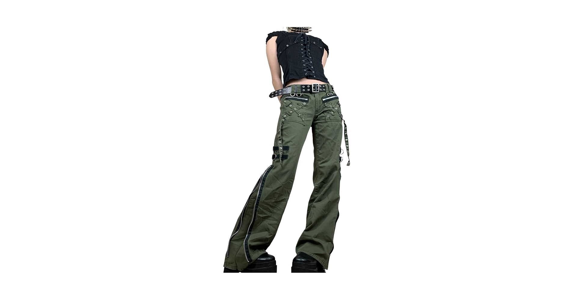 Women's Goth Baggy Jeans Y2K High Waisted Strap Buttoned