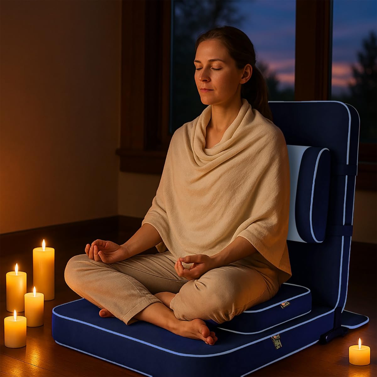 Friends of Meditation ® Meditations- und Yoga-Stuhl, entspannend, mit Rückenstütze und Meditationsblock, extra groß