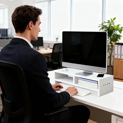 Miniatura 6 de Soporte para monitor, con elegante diseño moderno, 19.7x7.9x5.1 in, soporte elevador para monitor, organizador de escritorio de carga inalámbrica,