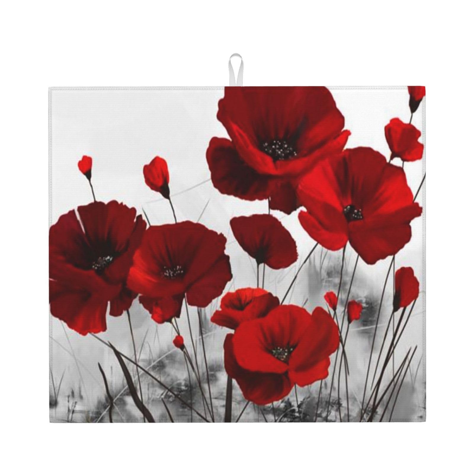 Zouey Red Poppy Flower Prints,Dish Drying Pad Kitchen Counter Sink Mat,Dish Drying Mat,Absorbent Dishes Drainer Mats, 41X46 cm