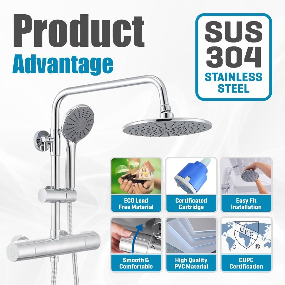 Columna de Ducha Termostática con Alcachofa de mano y Soporte. Grifo Ducha De Baño Columna de Acero Inoxidable.