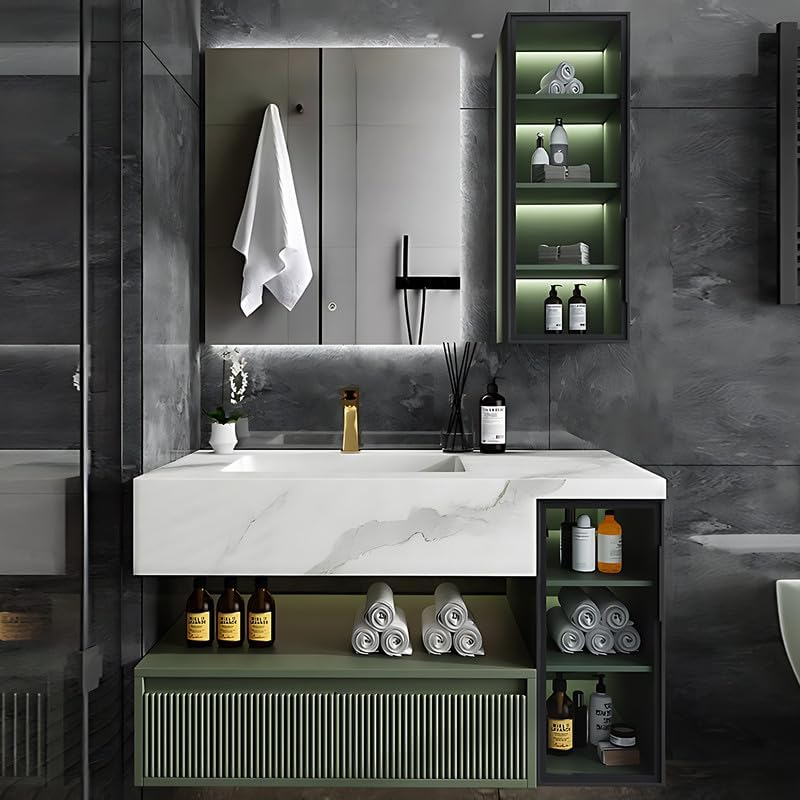 Bathroom Vanity - Floating Bathroom Vanities with Sink Includes Green Modern Minimalist Design Wall Mouted Cabinet with White Slate Countertop & Mirror Side Storage | Led Light（36IN）