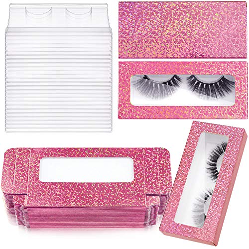 24 Pieces Glitter Empty False Eyelash Box Eyelash Packaging Box Plastic Lash Case Holder with 24 Clear Eyelash Tray and 24 Glitter Cardboard for Women Girls (Pink)